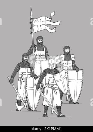 Medieval knight drawing. Set with crusaders. Templars and Knights Hospitaller. Stock Photo