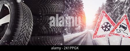 warning sign because of the snowfall - time to change tires Stock Photo