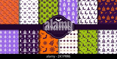 Halloween seamless patterns set. Color flat vector icons of skull, spider, cobweb, pumpkin Stock Vector