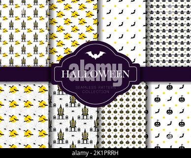 Halloween seamless patterns set. Color flat vector icons of skull, spider, cobweb, pumpkin Stock Vector