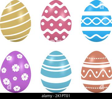 Easter Egg vector set. Colored eggs with different pattern on white isolated background. Six Happy Easter eggs in gold, red, blue, violet, cyan, Brown. Stock Vector