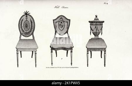 Hall Chairs from the book  The cabinet maker and upholsterer's guide; or, Repository of designs for every article of household furniture by A. Hepplewhite and Co Publication date 1897 Stock Photo
