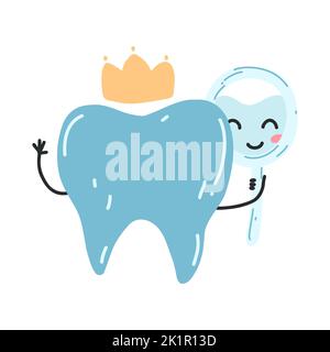 Hand drawn kawaii tooth character looks in the mirror. Vector illustration of clean healthy teeth with crown, dental care concept, oral hygiene. Stock Vector