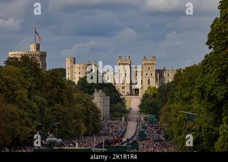 The Queen returns to her beloved home of Windsor Castle for the last time following the State Funeral in Westminster Abbey. Huge Crowds lined the Long walk to say farewell to Her Majesty as the state hearse moved slowly passed them.