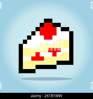 Pixel 8 bit A piece of cake. Birthday cake in vector illustration for game assets and cross stitch pattern. Stock Vector