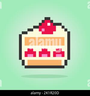 Pixel 8 bit A piece of cake. Birthday cake in vector illustration for game assets and cross stitch pattern. Stock Vector