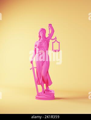 Pink Lady Justice Traditional Judicial System Statue with Scales and Blindfold with Yellow Beige Background 3d illustration render Stock Photo