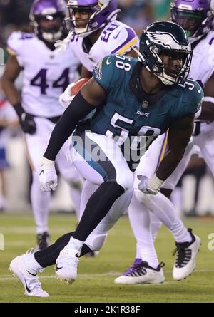 PHILADELPHIA, PA - JUNE 08: Philadelphia Eagles linebacker Kyron Johnson  (58) warms up during OTA offseason workouts on June 8, 2022 at Novacare  Complex in Philadelphia, PA (Photo by John Jones/Icon Sportswire) (