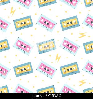 Seamless pattern with cassete tapes in 1990s style. Vector illustration of audio mixtape, groovy print, nostalgia 1990 for wrapping paper, wallpaper Stock Vector