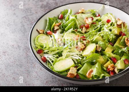 Fresh healthy salad with kale, Brussels Sprouts Pomegranate, Avocado, walnuts and lettuce closeup in the bowl on the table. Horizontal Stock Photo