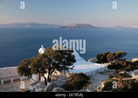 View of the beautiful and whitewashed Paleokastro Monastery and the Aegean Sea in the background Stock Photo