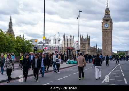LONDON, UK - SEPTEMBER 18, 2022: Westminster Bridge Road Closed for transportation to fascilate the members of the public to roam freely towards the H Stock Photo
