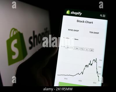 Person holding cellphone with webpage of Canadian e-commerce company Shopify Inc. on screen in front of logo. Focus on center of phone display. Stock Photo