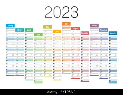 Year 2023 one page wall calendar, multi colored on white background. Vector template. Stock Vector