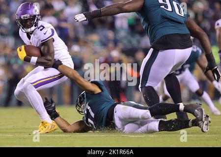 Minnesota Vikings wide receiver Jalen Reagor (5) runs with the ball in the  first half of an NFL football game against the Buffalo Bills, Sunday, Nov.  13, 2022, in Orchard Park, N.Y. (