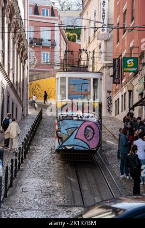 Portuges tram in Lisbon street Stock Photo