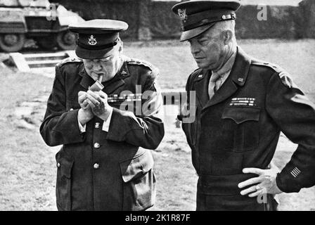 Winston Churchill with U.S. Supreme Commander General Dwight D. Eisenhower. France.1944 Stock Photo