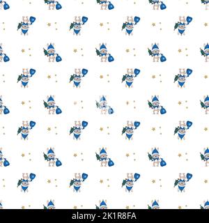 Seamless pattern with cute rabbit or hare in Santa hat with bag of presents and stars. Festive print of funny animals for New Year and Christmas. Vector flat illustration Stock Vector