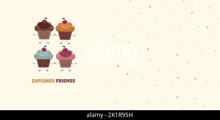 Set of Cute Cupcakes characters on yellow background and seamless pattern with dressing in pastel colors. Perfect for fabric, textile, apparel, pyjam Stock Vector
