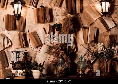 Loft composition of dried flowers in a home dark interior Stock Photo