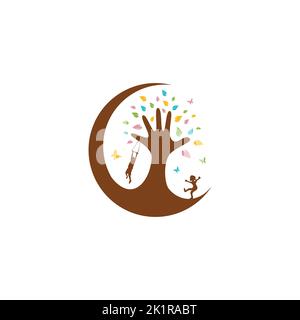 Hand tree with cildren playing and colorful leaf. Vector illustration EPS.8 EPS.10 Stock Vector