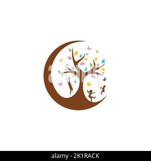 Abstract tree with cildren playing and colorful leaf. Vector illustration EPS.8 EPS.10 Stock Vector