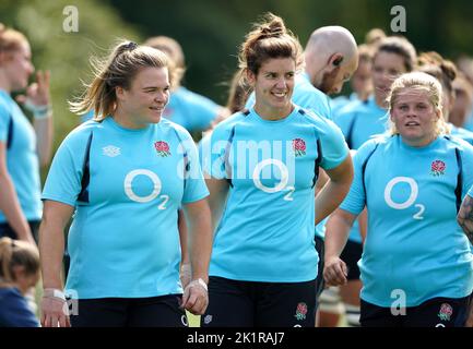 England's Sarah Bern (left) and Sarah Hunter (centre) during the training session at Pennyhill Park, London. Stock Photo