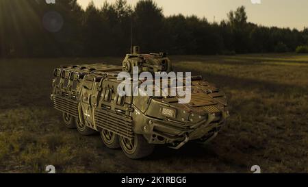 Tank waiting in the field. Ready for battle. World War III. 3d rendering. Armoured vehicle. Stock Photo