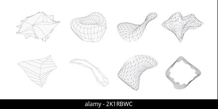 3d geometric shapes set. Wireframe vector figures. Graphic line obgects. Stock Vector