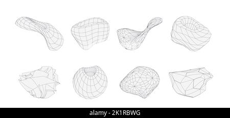 3d geometric shapes set. Wireframe vector figures. Graphic line obgects. Stock Vector