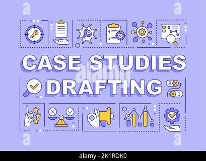 Case studies drafting word concepts purple banner Stock Vector