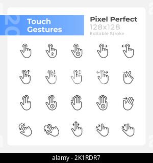 Touch gestures pixel perfect linear icons set Stock Vector