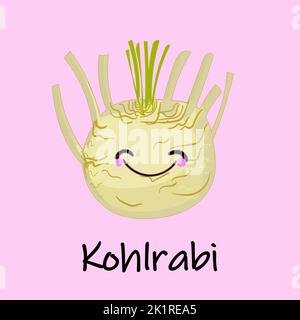 Waving character kohlrabi on a wooden table.cabbage turnip. Kohlrabi plant. Harvest vegetable. Brassica oleracea. Vector flat icon Illustration. Stock Vector