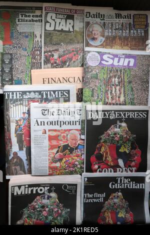 UNITED KINGDOM, London: Tuesday September 20, 2022.  British newspapers report on the funeral of Her Majesty Queen Elizabeth II.   Credit: Katie Collins / Alamy Live News Stock Photo