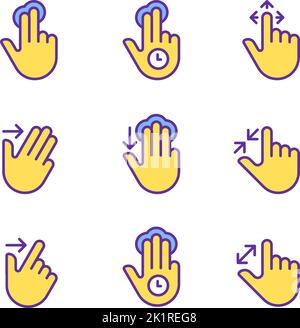 Multitouch gestures pixel perfect yellow RGB color icons set Stock Vector