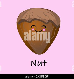 Funny cartoon almond nut character with brown dried fur coat with separated elements for vegetarian and healthy eating. Stock Vector