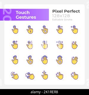 Touch gestures pixel perfect yellow RGB color icons set Stock Vector