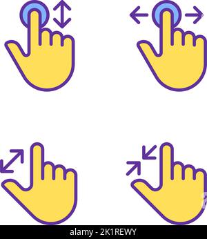 Scrolling and zooming gestures pixel perfect yellow RGB color icons set Stock Vector