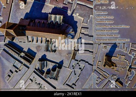 Model of the Marienkirche (Church of St. Mary) in front of its ruins, depicting once the intact church, once the ruins, Wismar, Germany. Stock Photo