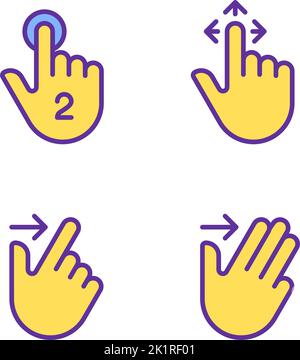 Drag and swipe gestures pixel perfect yellow RGB color icons set Stock Vector