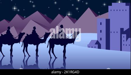 Illustration of three wise men riding on camels against mountains and shining stars at night Stock Photo