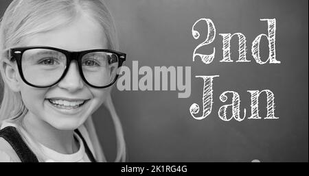 Composite of 2nd jan text with portrait of smiling cute caucasian girl wearing eyeglasses Stock Photo