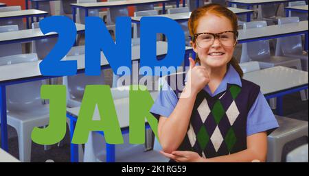 Composite of 2nd jan text over portrait of caucasian girl wearing eyeglasses showing thumbs up Stock Photo