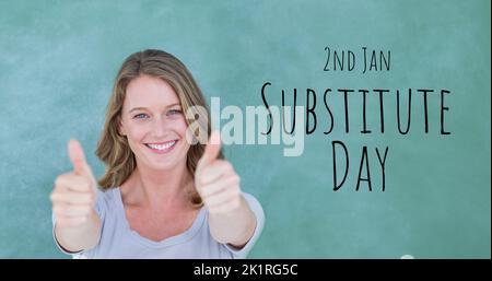 Composite of 2nd jan, substitute day text and portrait of caucasian young woman showing thumbs up Stock Photo