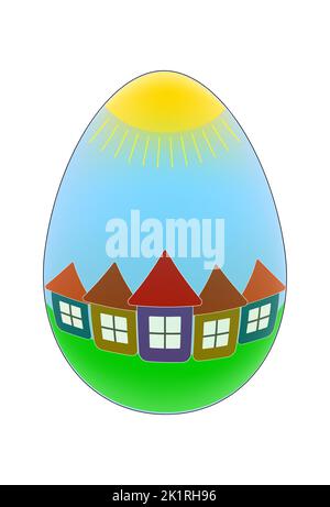 Vector single animal egg. Chicken egg, with a pattern of houses. Stock Vector