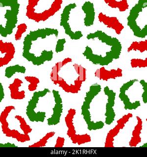 Hand drawn seamless green red christmas leopard pattern, festive wild cheetah background, animal fur skin print. December wrapping holiday paper, invitations cards design Stock Photo