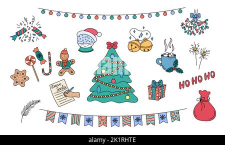Christmas doodles vector set. Hand drawn colorful holiday elements isolated on white background. Christmas outline design objects tree, garland, jingl Stock Vector