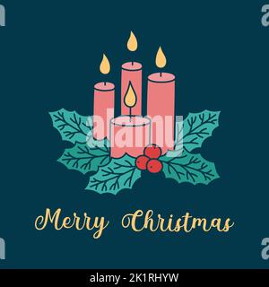 Cute Chrismas greeting card with candles and holly leaves. Square vector illustration of four candles and ilex leaves. Composition of Christmas Advent Stock Vector