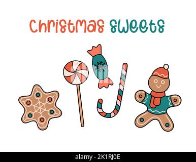Christmas sweets doodle set. Vector collection of homemade traditional desserts. Decorated gingerbread, ginger man, lollipop and candies. Funny hand d Stock Vector