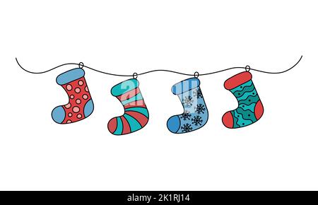 Hanging Chrismas socks. Vector funny colorful doodles. Outline hand drawn illustrations of cute isolated festive stockings for gifts on white backgrou Stock Vector